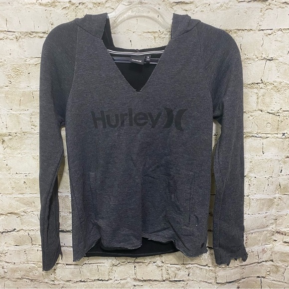 Hurley Gray Black Raw Hem V Neck Hoodie Sweatshirt - Picture 1 of 6